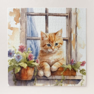 Gelb-Kätzchen-Fenster-Blumenkasten-Malerei Puzzle