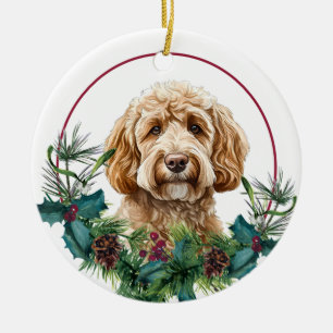 Gelb Labradoodle Hund Immergrüner Kranz Keramik Ornament