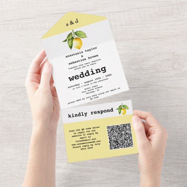 Gelb Lemon QR Code All In One Einladung (Abreißtisch)