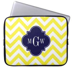 Gelb Lg Chevron Marineblau Quatrefoil 3 Monogramm Laptopschutzhülle