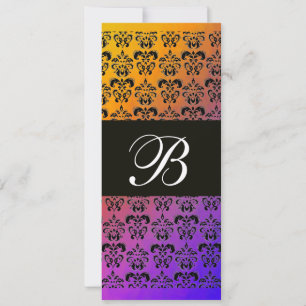 GELB LILA BLAU SCHWARZ DAMAST MONOGRAMM, weiß Einladung