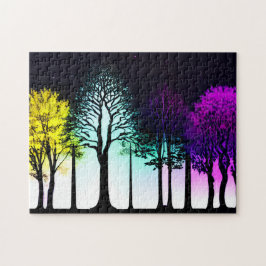 Gelb Lila und blau auf Schwarzen Silhouetten Bäume Puzzle