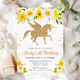 Gelb Margeriten Floral Gold Einhorn Geburtstagsfei Einladung