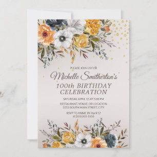 Gelb Marineblau Blumen Glitter 100. Geburtstag Einladung