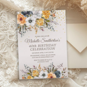 Gelb Marineblau Blumen Glitter 40. Geburtstag Einladung