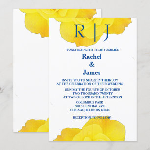 Gelb Navy Blau Floral Rose Elegant Kühle Hochzeit Einladung