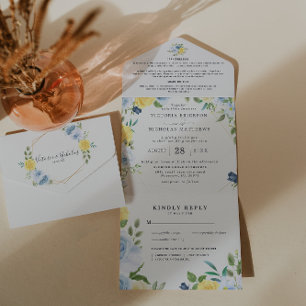 Gelb & Navy Sommerblumen   Hochzeit All In One Einladung