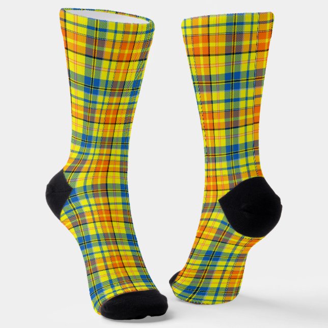 Gelb Orange Blau Kariert Tartan Design  Socken (Gewinkelt)