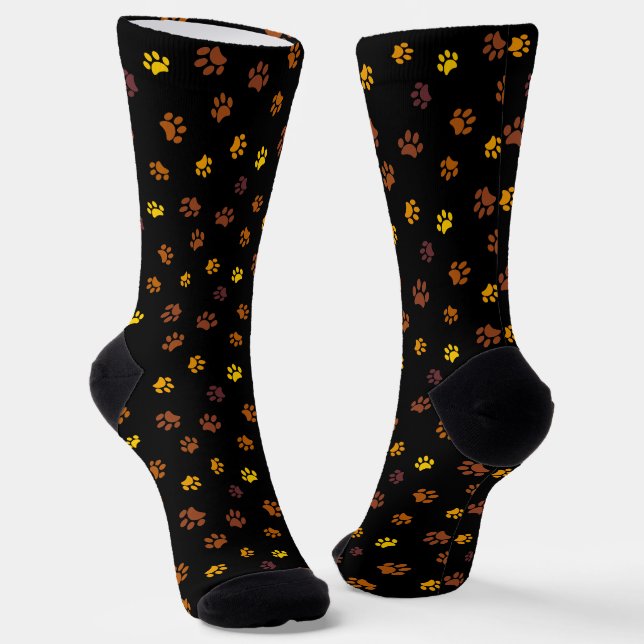 Gelb-orange-braune Paw Prints Muster Schwarz Socken (Gewinkelt)
