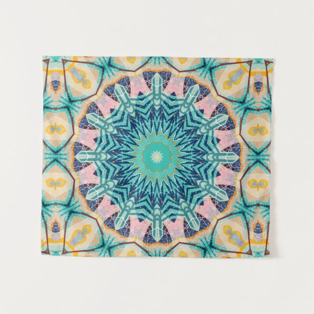 Gelb-orange, Minze und rosa Mandala. Wandteppich (Vorderseite (Horizontal))