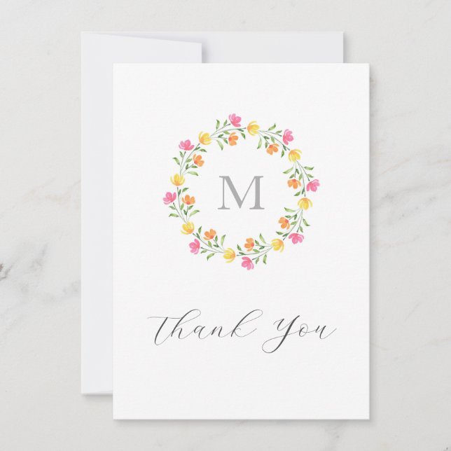 Gelb, orange, rosa Blumenkränz Dankeskarte (Vorderseite)