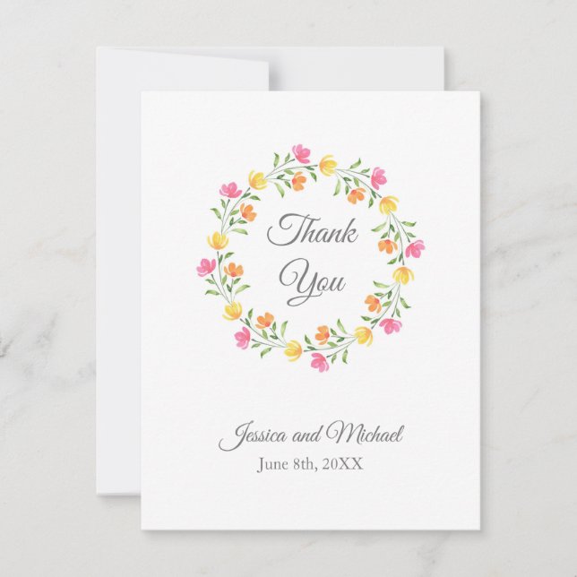 Gelb, orange, rosa Blumenkränz Dankeskarte (Vorderseite)