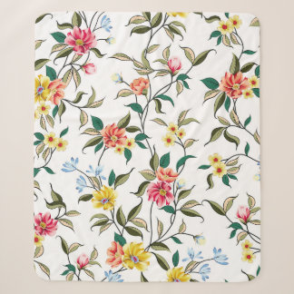 Gelb-orange-rosa und blaue Blumen mit grünem Leine Sherpadecke