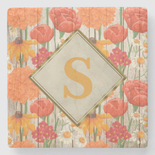 Gelb Orange Rot Floral Weiß Gänseblümchen Monogram Steinuntersetzer
