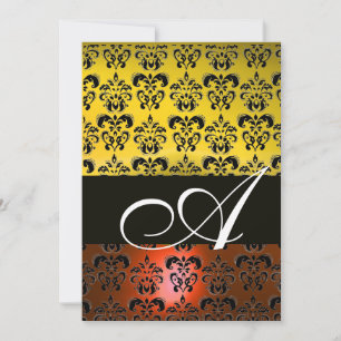 GELB ORANGE SCHWARZER DAMAST MONOGRAMM ,hellweiß Einladung