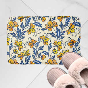 Gelb Orange Vintage-Folk Blumen Blaues Blatt Badematte