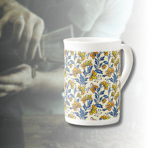 Gelb Orange Vintage Folk Floral Blaues Blatt Prozellantasse