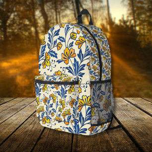 Gelb Orange Vintage-Folk-Florales Blaues Blatt Bedruckter Rucksack