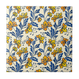 Gelb Orange Vintage-Folk-Florales Blaues Blatt Fliese