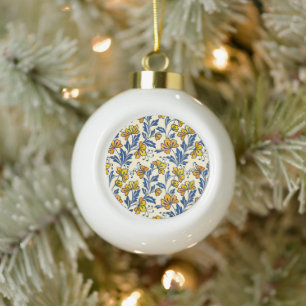 Gelb Orange Vintage-Folk-Florales Blaues Blatt Keramik Kugel-Ornament