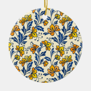 Gelb Orange Vintage-Folk-Florales Blaues Blatt Keramik Ornament
