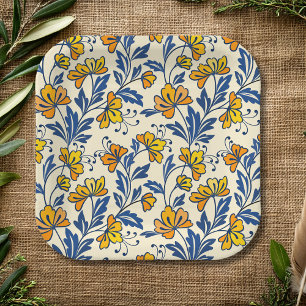 Gelb Orange Vintage-Folk-Florales Blaues Blatt Pappteller