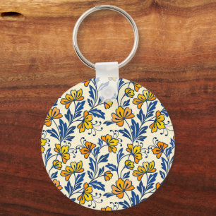Gelb Orange Vintage-Folk-Florales Blaues Blatt Schlüsselanhänger