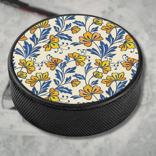 Gelb Orange Vintage-Volkskunst Blumen Blaues Blatt Eishockey Puck
