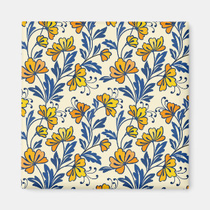 Gelb Orange Vintage-Volkskunst Blumen Blaues Blatt Magnet