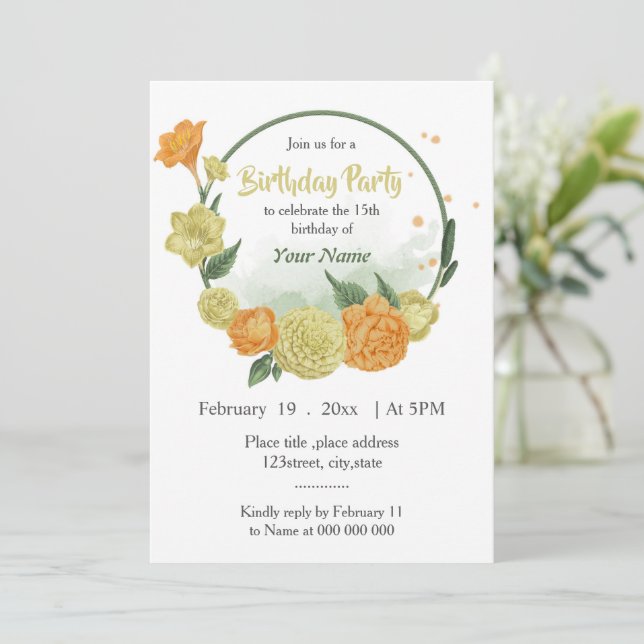 gelb-orangefarbener Blumenkranz Geburtstag Einladung (Stehend Vorderseite)