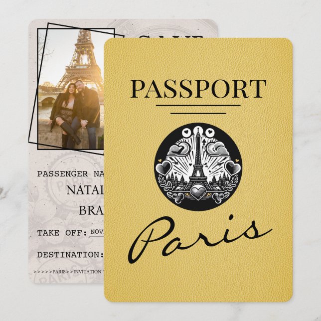 Gelb Paris Reisepass Save The Date (Vorne/Hinten)
