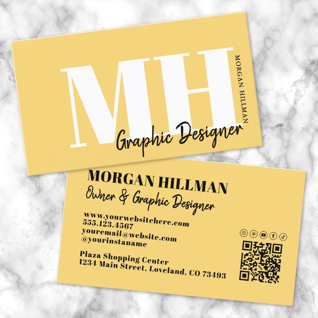 Gelb QR Code Einfaches Monogramm Visitenkarte (Yellow QR Code Simple Monogram Business Card)