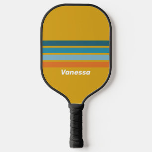Gelb Retro quer gestreift mit Namen Pickleball Schläger