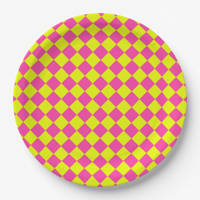 Gelb Rosa Karomuster Pappteller (Vorderseite)