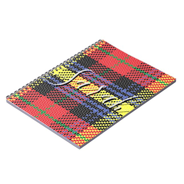Gelb-rotes Tartan-Karo-Monogramm-Name Notizblock (Linke Seite)