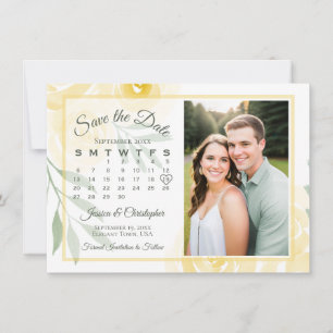 Gelb & Salbei Boho Rosen Kalender & Foto Hochzeit Save The Date