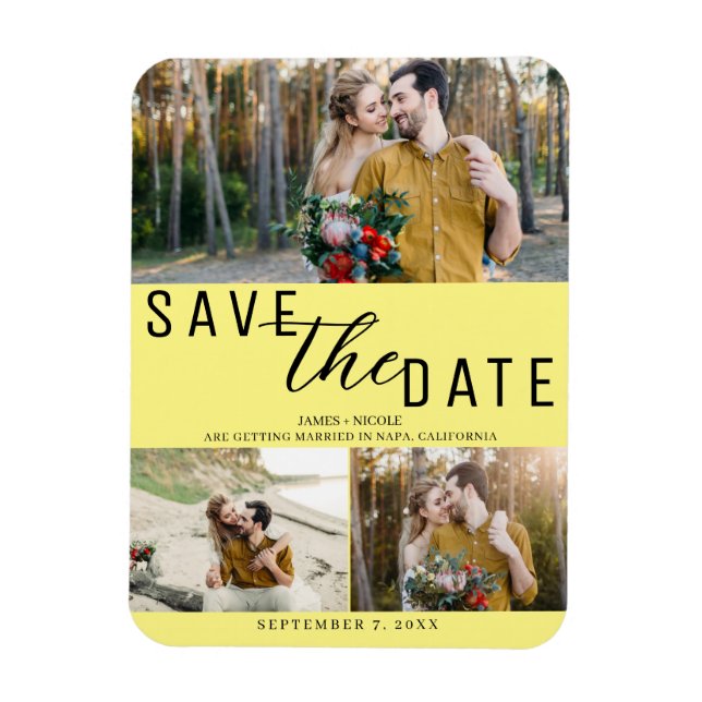 Gelb Save the Date Hochzeit 3 Fotos Magnet (Vertikal)