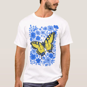 Gelb Schwalbenschwanz blaue Blume T-Shirt