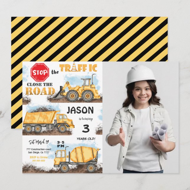 Gelb-Schwarz-Baueinladung mit Foto Einladung (Vorne/Hinten)