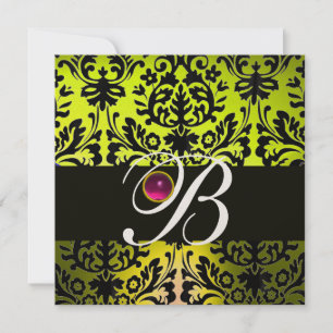 GELB SCHWARZ DAMAST MONOGRAMM ROSA PURPUR Amethyst Einladung