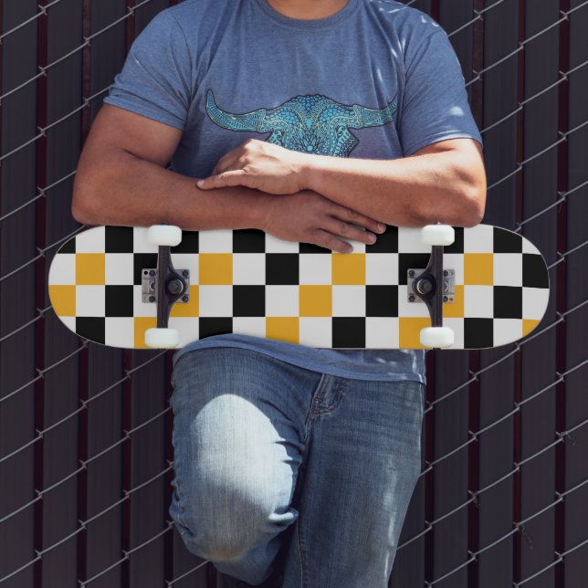 Gelb Schwarz Weiß Karomuster Design  Skateboard (Außenbereich 3)