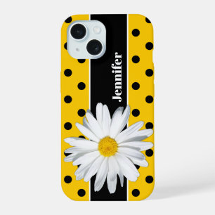Gelb, schwarze Polka Dots, Daisy Blume iPhone Case 15 Hülle