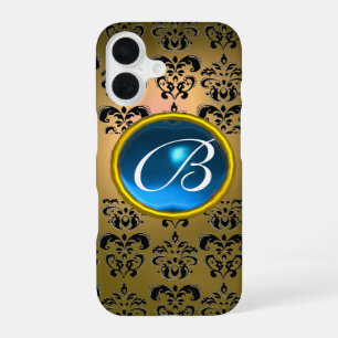 GELB SCHWARZER DAMAST BLAUER EDELSTEIN MONOGRAMM iPhone 16 HÜLLE