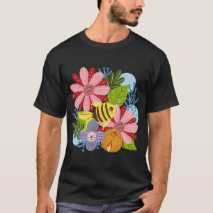 Gelb schwarzer Streifen Fisch bunte Blumen T-Shirt