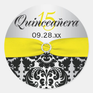 Gelb, Silber, schwarzer Damast Quinceanera Runder Aufkleber