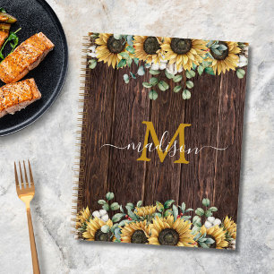 Gelb Sonnenblume Braun Holz Rezeptbuch mit Monogra Notizbuch