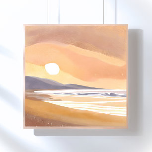 Gelb Strand beim Sonnenuntergang Aquarell Luftig Poster