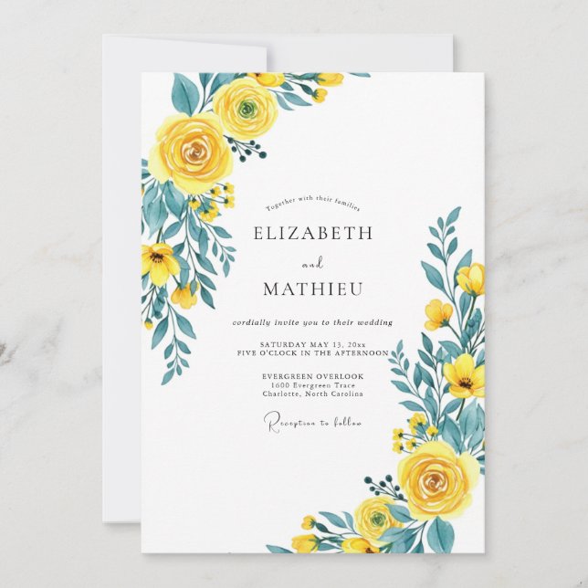 Gelb-Teal-Blühende-Hochzeit im Frühling Einladung (Vorderseite)