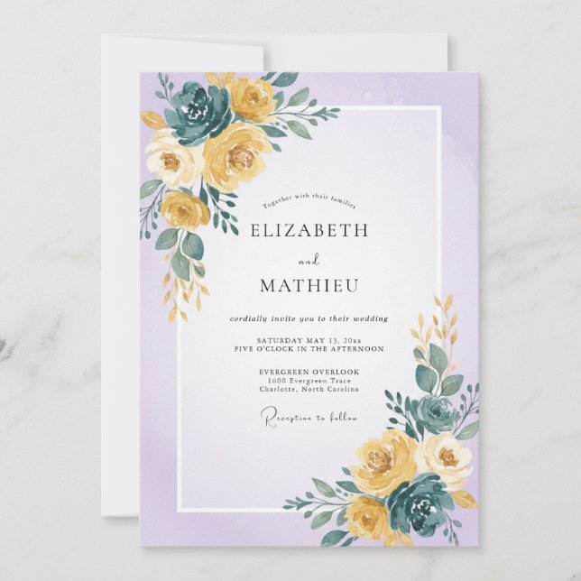 Gelb-Teal-Gemalte Hochzeit Einladung (Vorderseite)