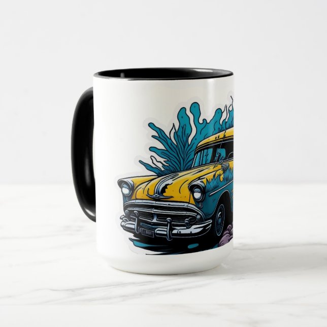 Gelb & Türkis Oldtimer-Farbspritzer-Auto Tasse (Vorderseite Links)